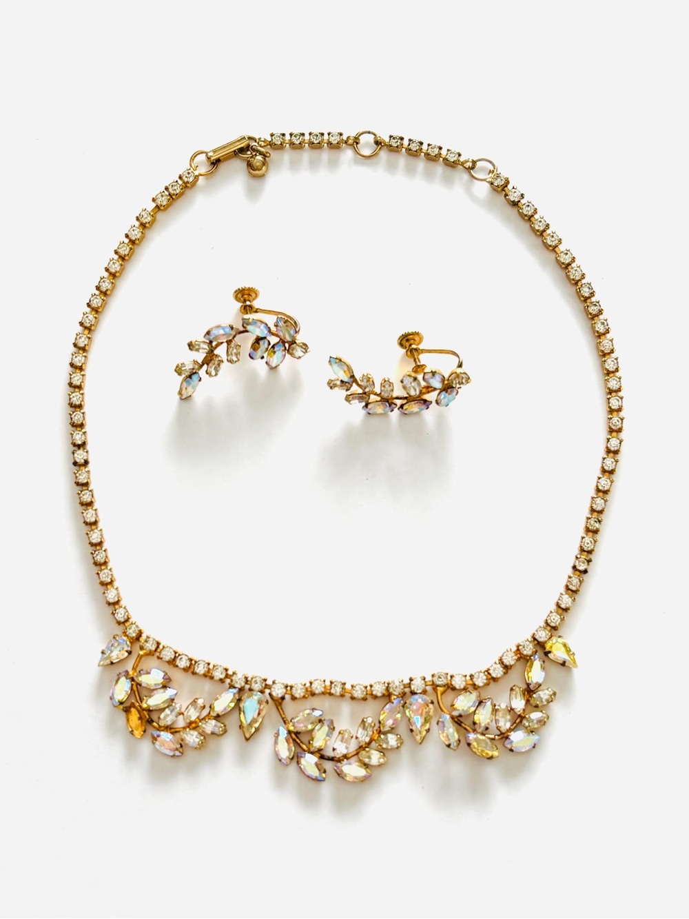 Vintage 1950s AB Rhinestone Gold Tone Necklace Screw Back Earrings Demi Parure